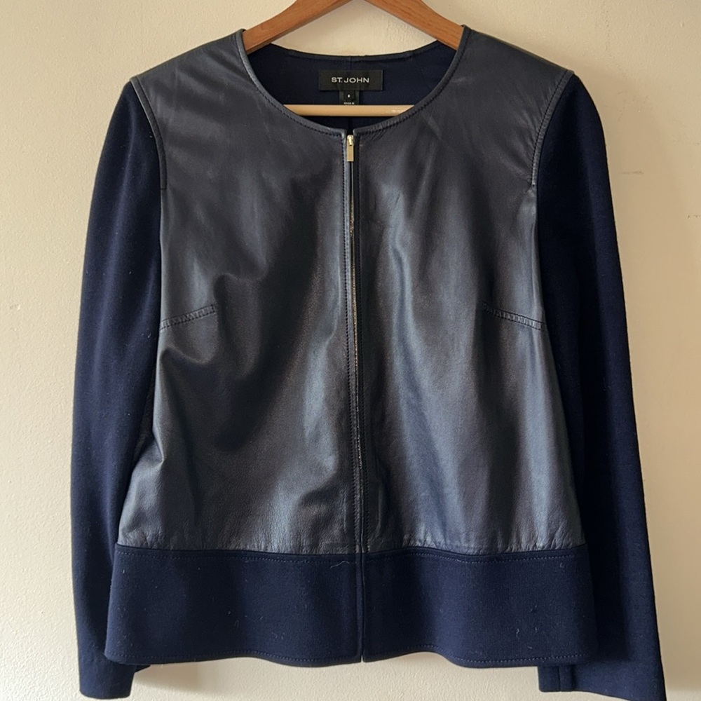 St. John Blue Leather Jacket with Classic Collar